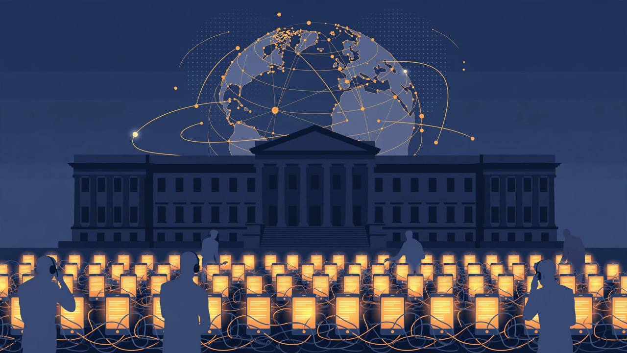 Editorial illustration of a generic federal building with glowing phone screens and call-centre headsets, flat style, no real person depicted, no text