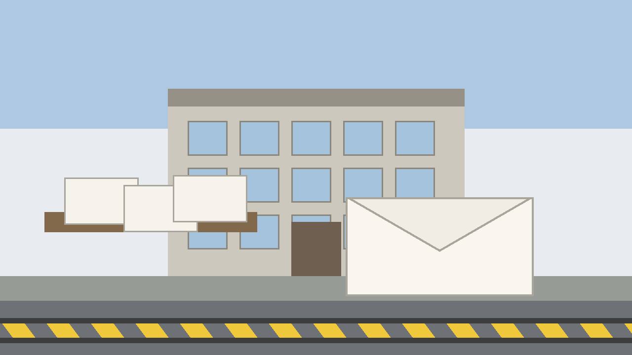 Editorial illustration of a generic government office building and plain blank envelopes on a table behind a caution barrier, flat style, no text, no logos, no real place or person depicted