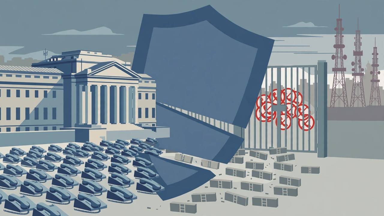 Editorial illustration of a government communications building in Washington with telephone handsets and phone-number blocks blocked by a large shield at a gate, with telecom towers on the far side