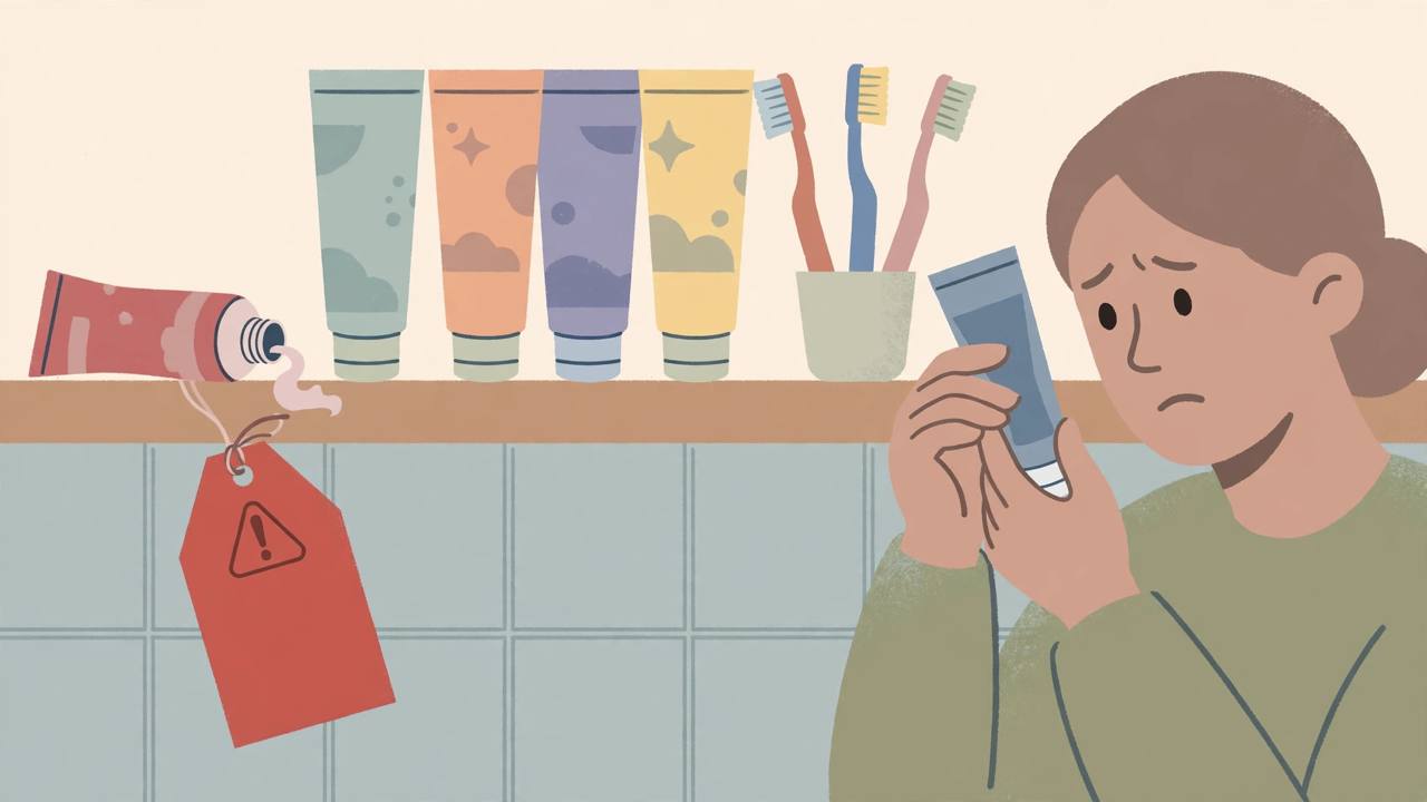 Editorial illustration of a parent checking toothpaste tubes on a bathroom shelf with a red recall warning tag