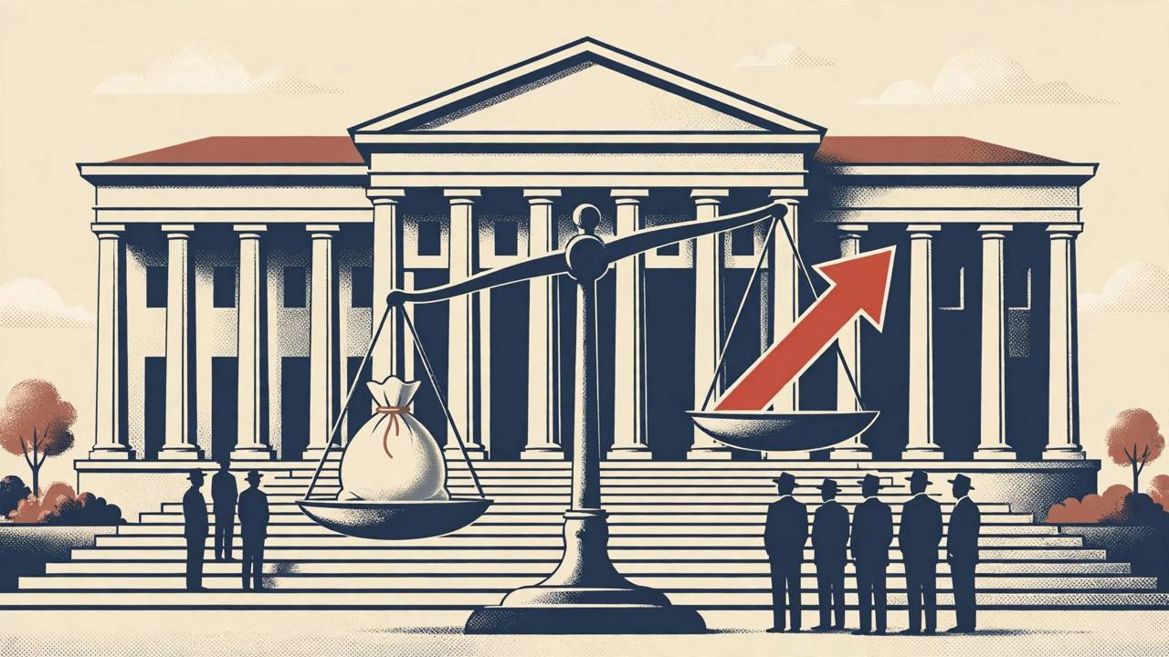 Editorial illustration of a central bank building with a balance scale weighing money against a rising inflation arrow