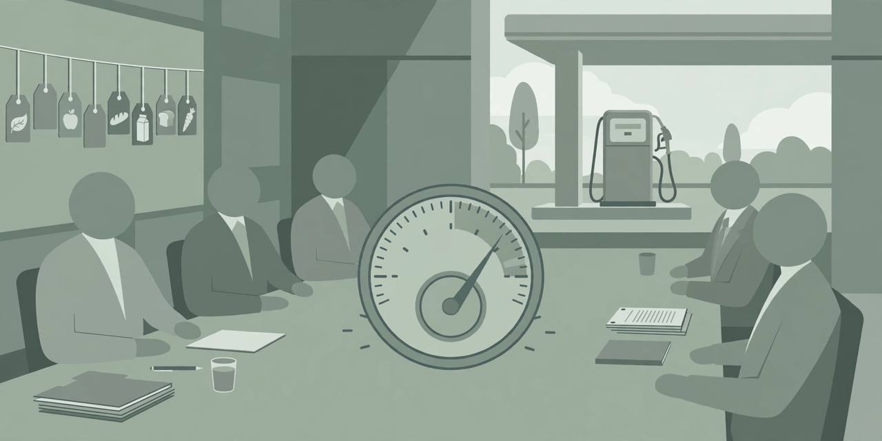 Editorial illustration of generic central bank officials around a meeting table with a paused interest-rate dial, grocery tags and a fuel pump behind, flat style, no real person