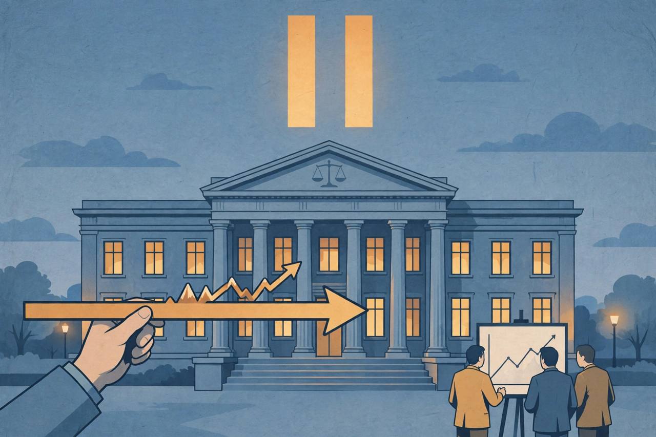 Editorial illustration of a generic central bank building with a pause symbol above it and a flat interest-rate arrow, flat style, no real person depicted