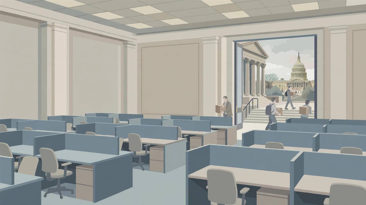 Editorial illustration of empty desks inside a US federal office building in Washington DC, with workers carrying boxes out and the Capitol in the distance