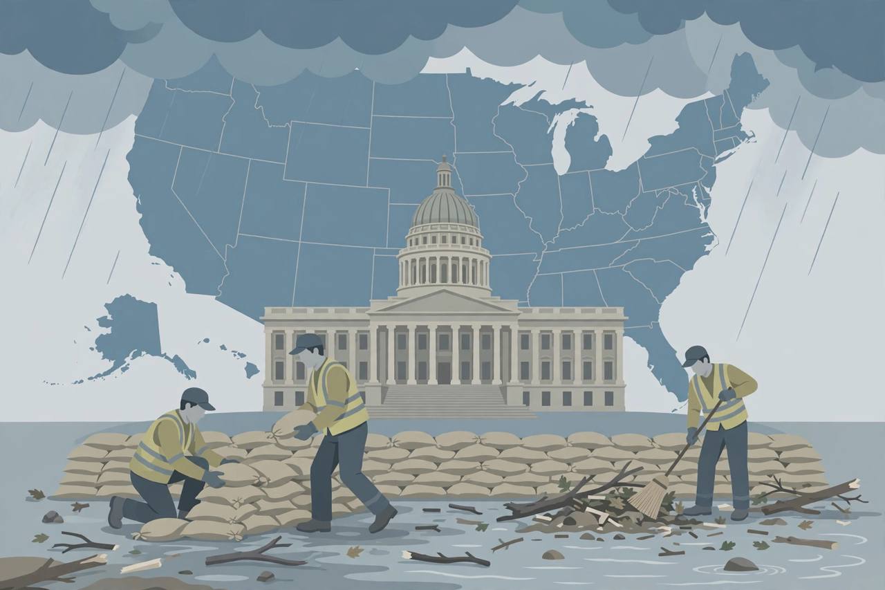 Editorial illustration of state emergency workers stacking sandbags and clearing flood debris in front of generic American state buildings