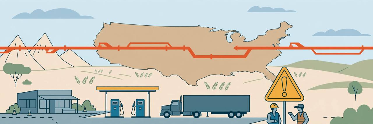 Editorial illustration of a generic oil pipeline across a US map outline with a truck stop, diesel pump and generic semi truck, flat style, no real person