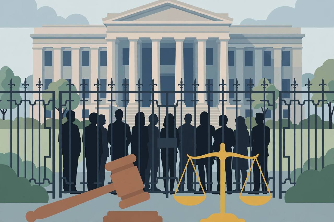 Editorial illustration of a federal courthouse with a gavel and generic figures waiting behind a closed gate