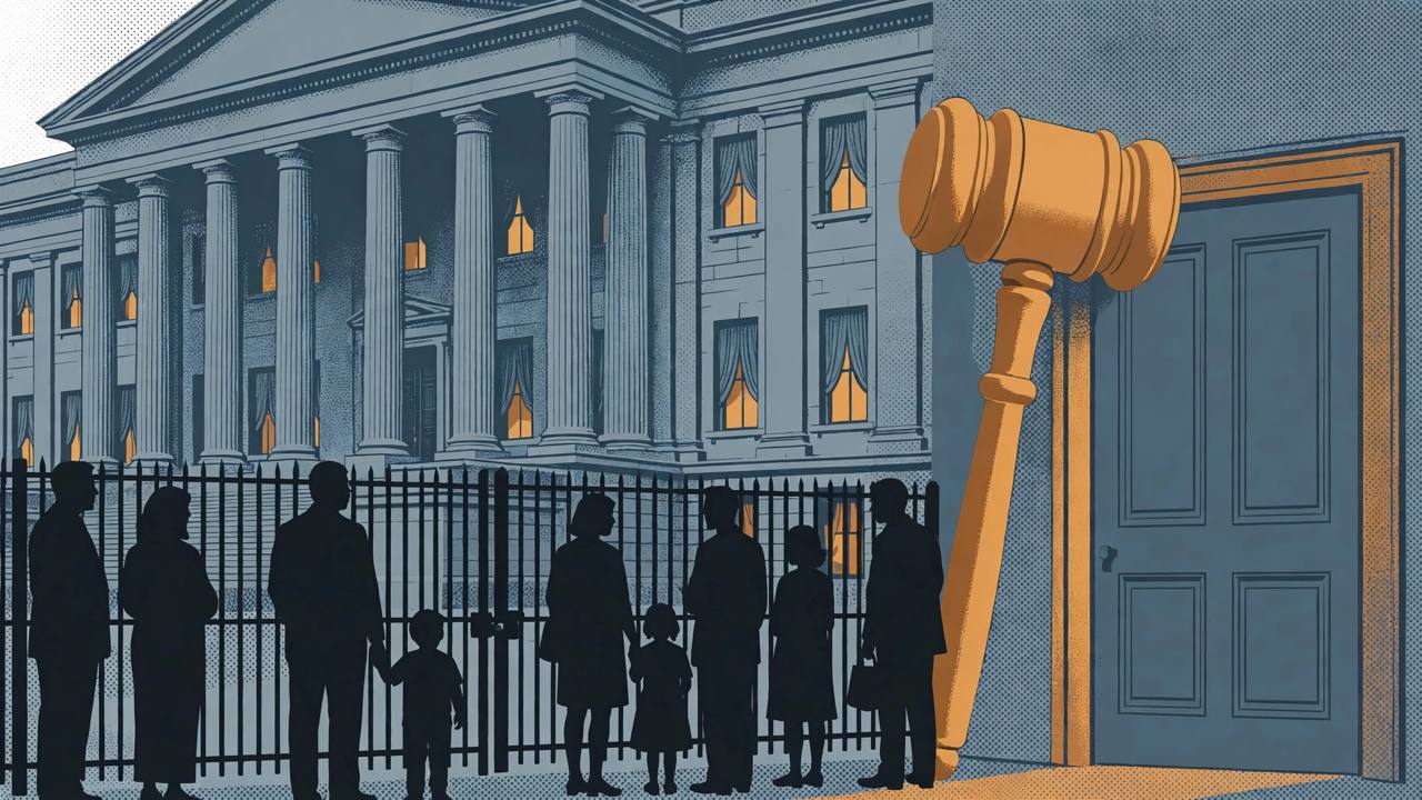 Flat editorial illustration of a federal courthouse, generic detained figures and families waiting behind a closed gate, a judge's gavel and a closed hearing-room door, no text, no real person