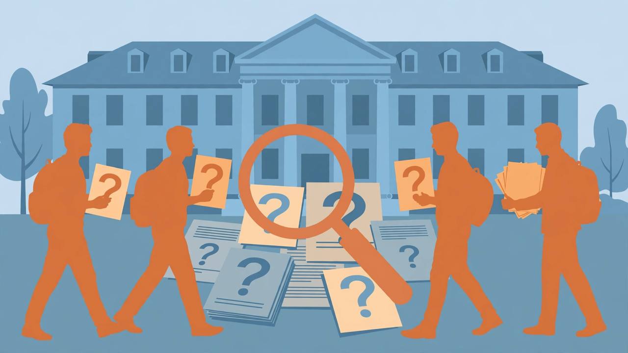 Editorial illustration of generic students with question-marked documents and a magnifying glass in front of a generic campus building, flat style, no text, no real person depicted