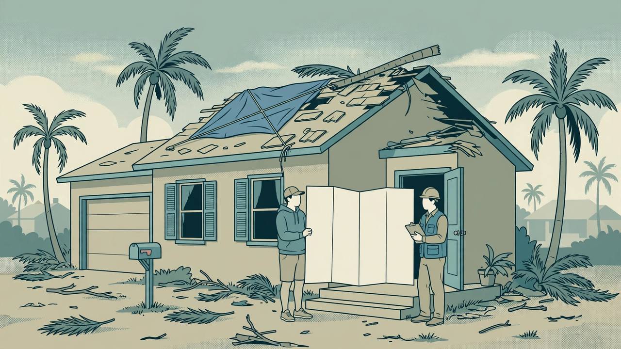 Editorial illustration of a storm-damaged Florida house with a tarped roof, a homeowner and a claims adjuster with a clipboard at the door, flat style, no real person depicted
