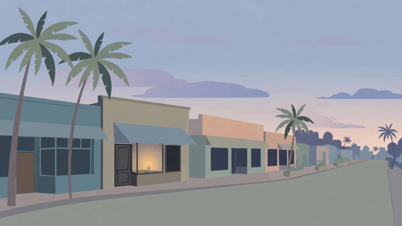Editorial illustration of a quiet small-town Florida street at dusk with palm trees and a single candle lit in a shop window