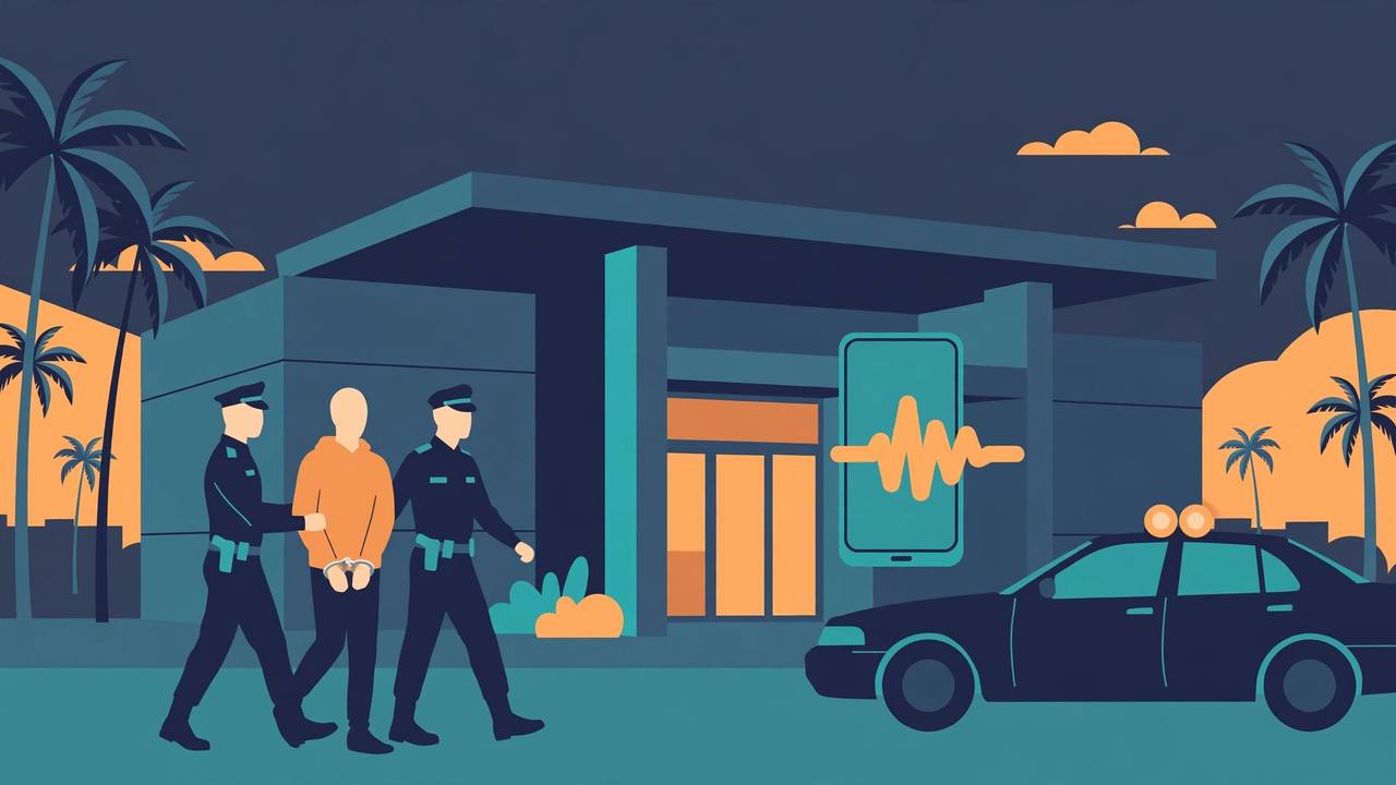 Editorial illustration of two generic officers escorting a handcuffed generic man outside a South Florida office building with palm trees at dusk, a police car nearby and a large phone with a voicemail waveform beside the door