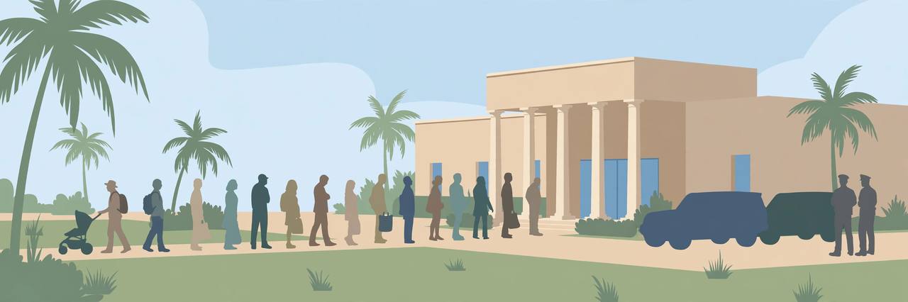 Editorial illustration of a Florida early voting site outside a public library, generic voters in line and plain government vehicles parked nearby, palm trees