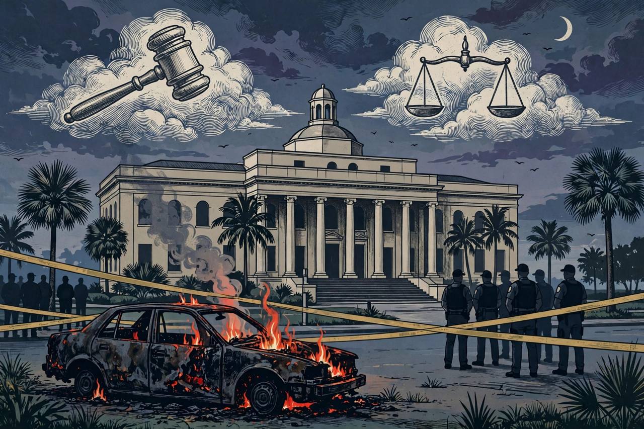 Editorial illustration of a South Florida courthouse at dusk with a burnt-out car behind police tape, generic officers, a gavel and scales of justice in the clouds