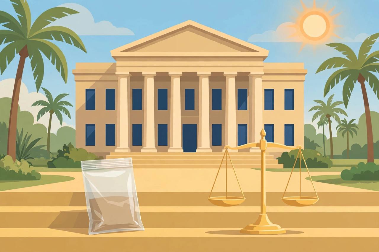 Editorial illustration of a generic Florida courthouse with palm trees, a sealed evidence bag and a balance scale, flat style, no real person, place or incident depicted, no text