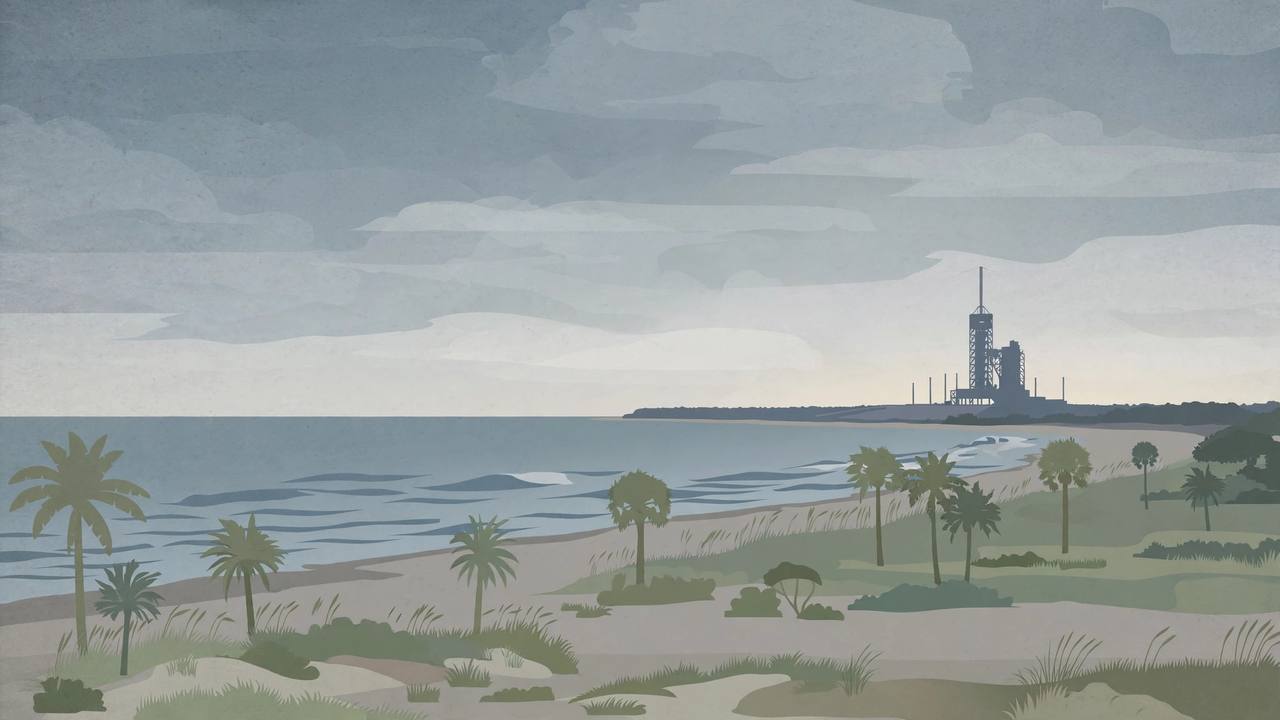 Editorial illustration of a quiet Florida Space Coast beach at dawn with palm trees, calm Atlantic water and a distant launch gantry, in muted respectful colours, with no people and no incident depicted