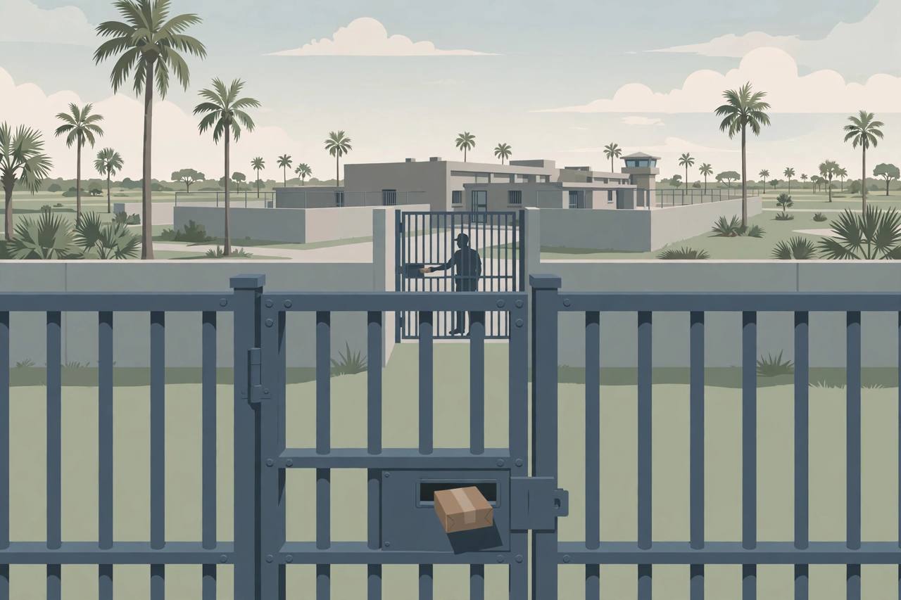 Editorial illustration of a generic federal prison in Florida with barred gates and palm trees, flat style, no real person depicted