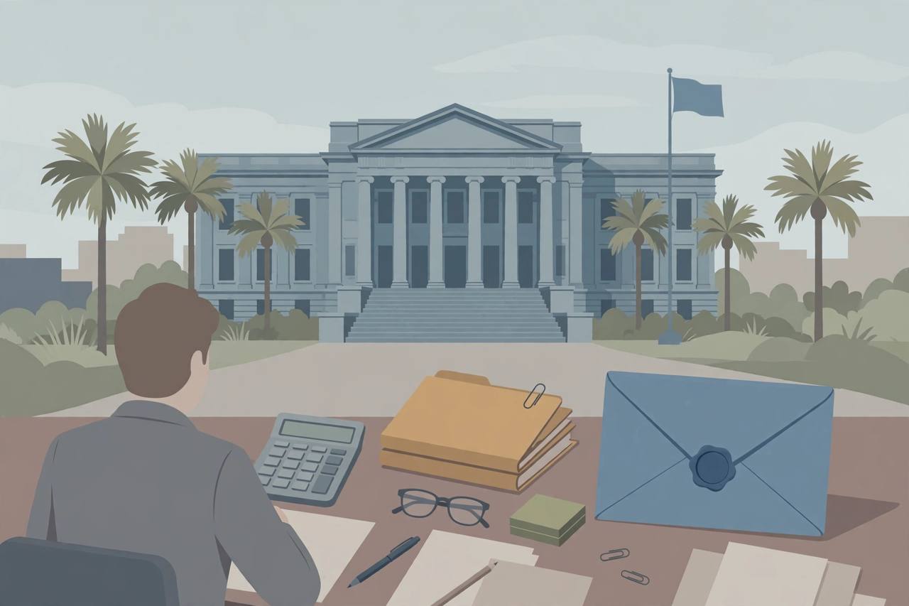 A Florida courthouse and an accountant's desk with tax papers and a sealed envelope — a visual for the tax-evasion sentencing, not a photo of the defendant.