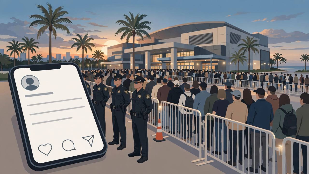 Editorial illustration of the Ocean Center arena in Daytona Beach, Florida, with palm trees, rally crowds behind security barriers and sheriff deputies on duty