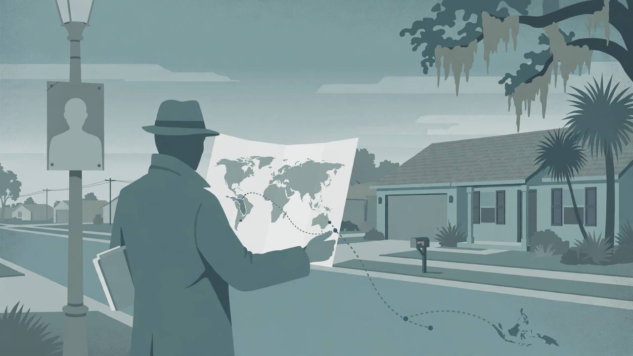 Editorial illustration of a generic detective holding a world map with dotted routes from a Florida suburb toward the Philippines and Japan, beside a lamppost poster shown only as a blank silhouette