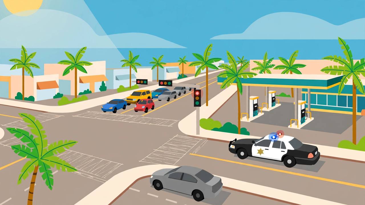 Editorial illustration of a Florida boulevard intersection with palm trees, a gas station on the corner and a sheriff patrol car nearby, flat style, no crash and no person depicted