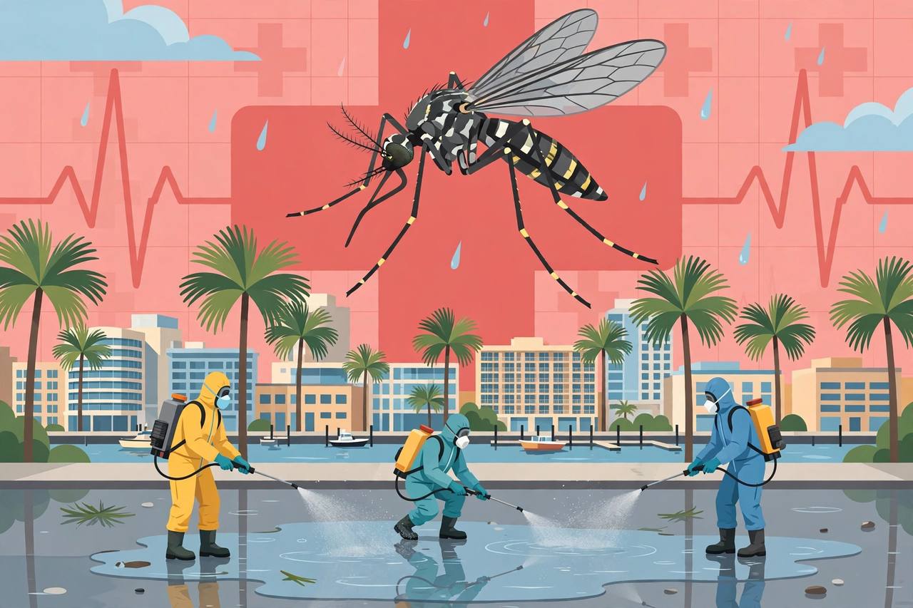 Editorial illustration of a large mosquito over a generic Florida Gulf Coast skyline with palm trees and public health workers spraying near standing water, flat style, no real person depicted