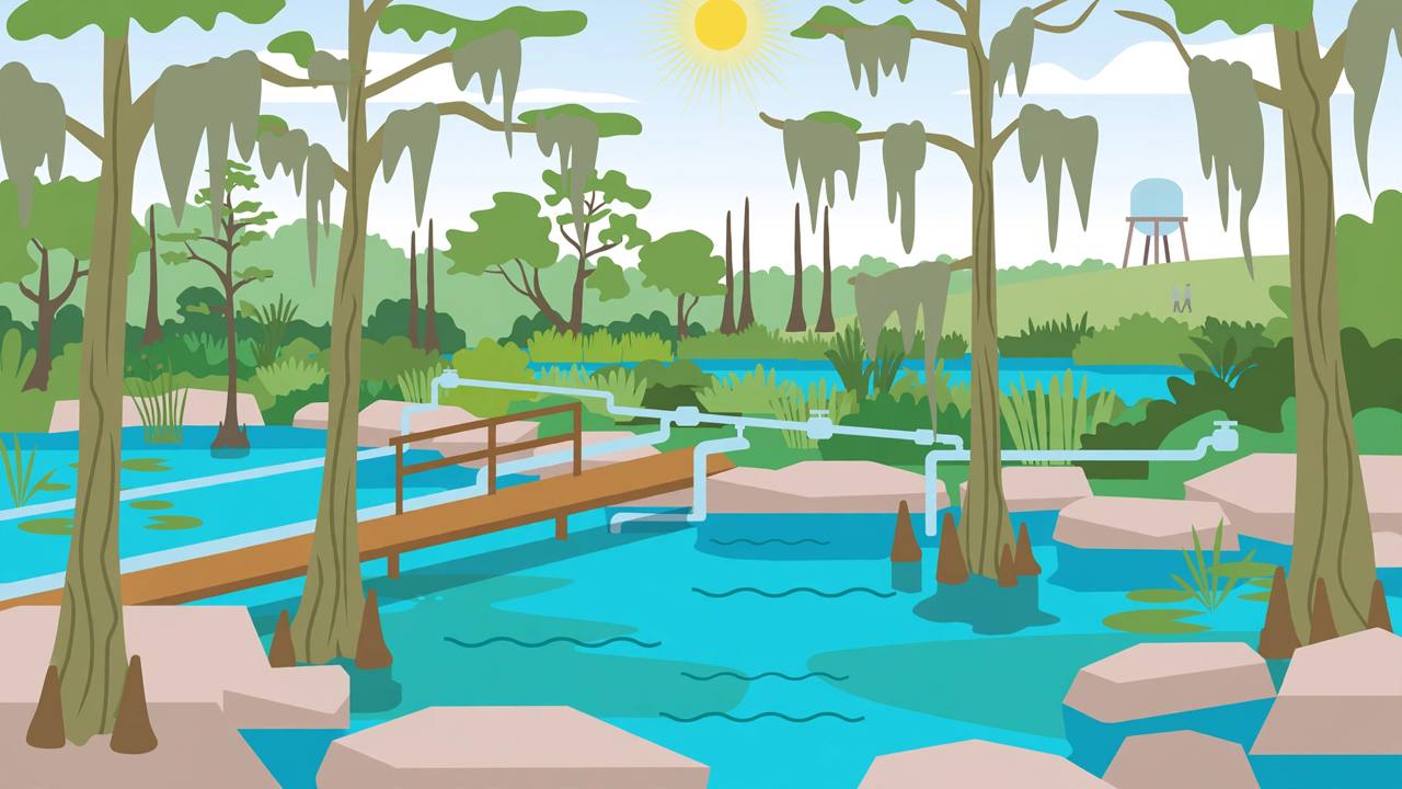 Editorial illustration of a clear Florida spring with cypress trees, a boardwalk and a distant water tower