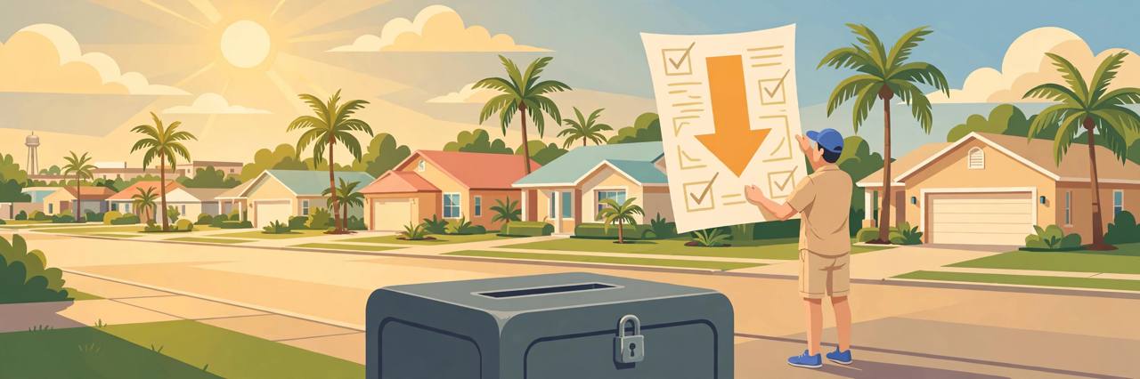 Editorial illustration of Florida suburban homes with palm trees, a generic homeowner holding a bill with a downward arrow and a ballot box