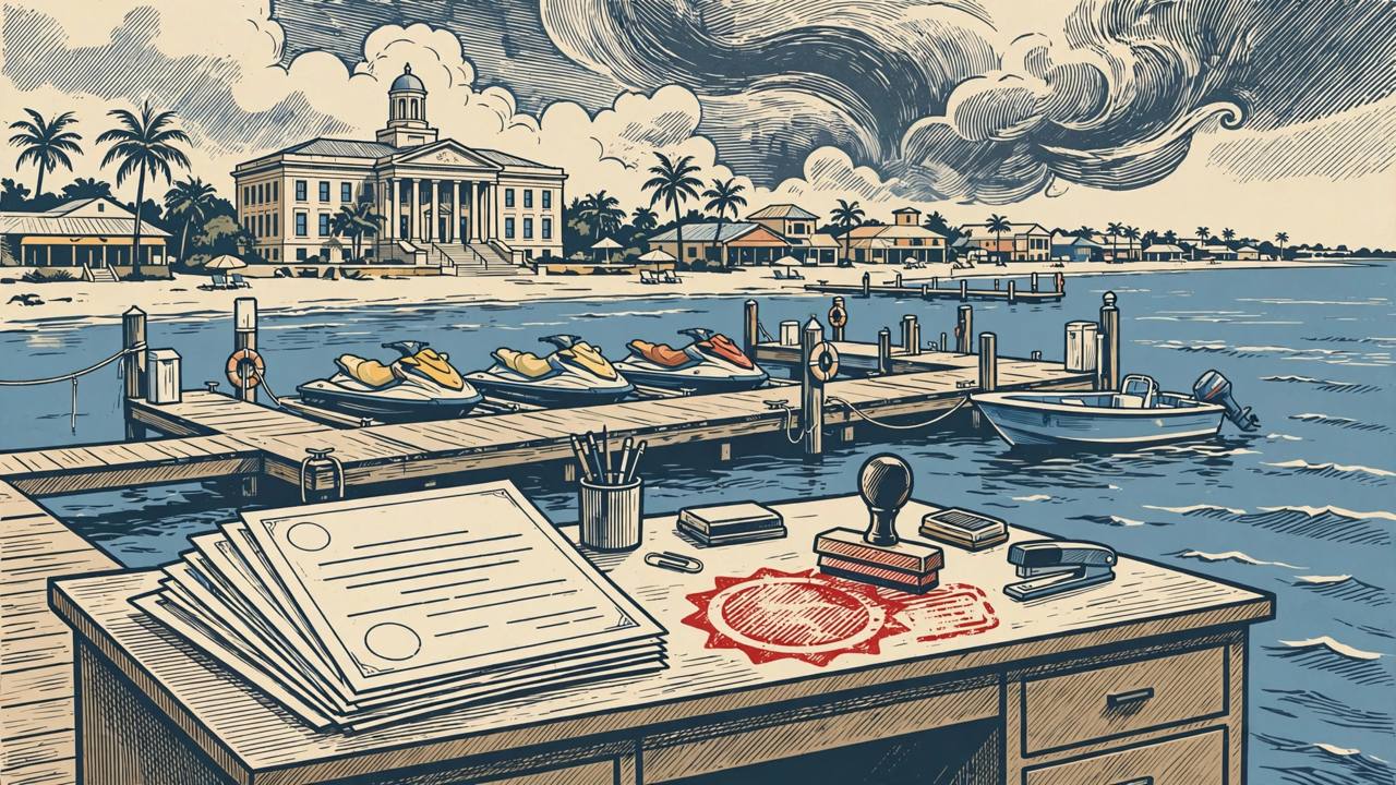 Editorial illustration of a Destin Florida watersports dock with jet skis and a boat, an insurance desk with blank certificates in the foreground and a courthouse behind the beach
