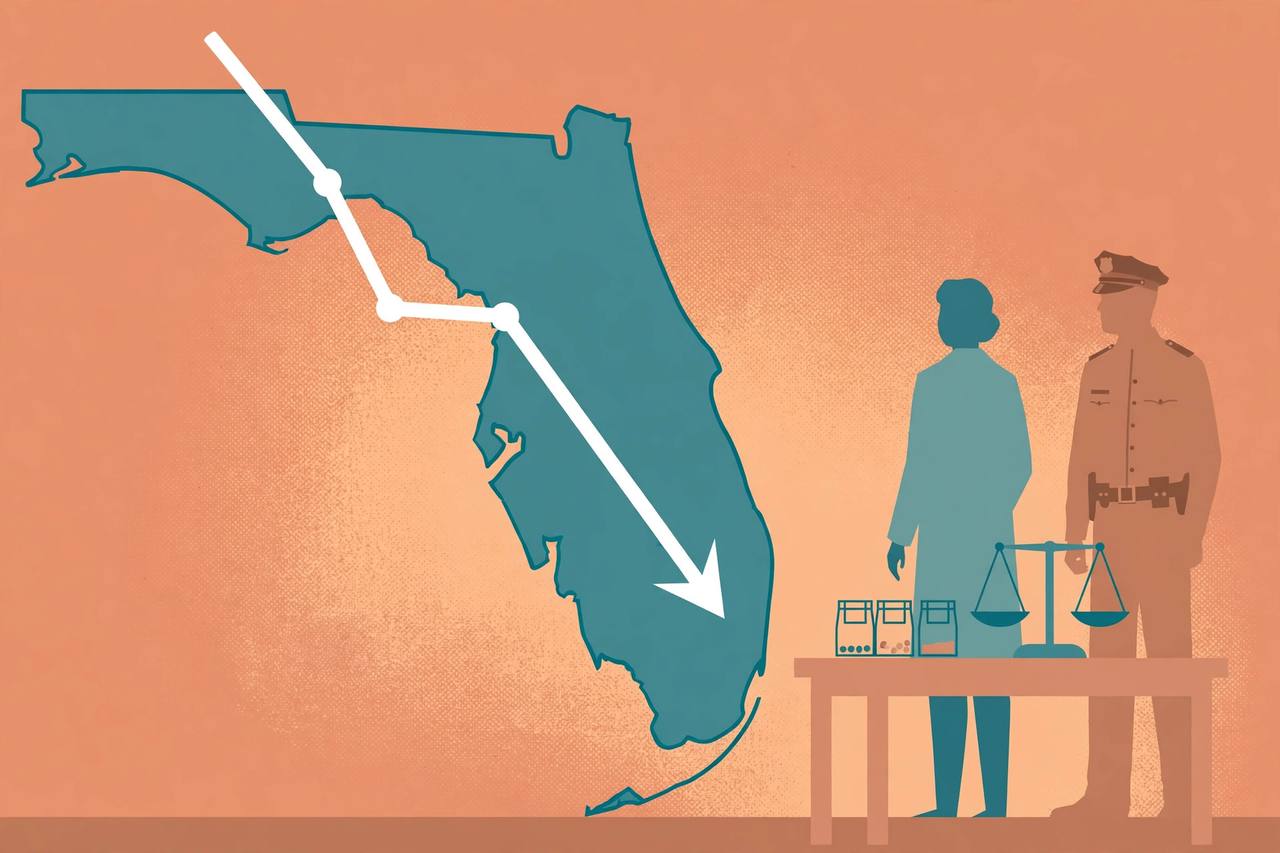 Editorial illustration of a Florida map with a sharply falling white line chart, a generic medical examiner and police officer silhouettes, evidence bags and a balance scale