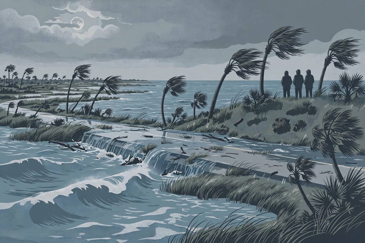 Editorial illustration of a flooded coastal road on Florida's First Coast at high tide, with palm trees bending in strong northeast wind, large surf and a full moon, and generic silhouetted residents watching from higher ground