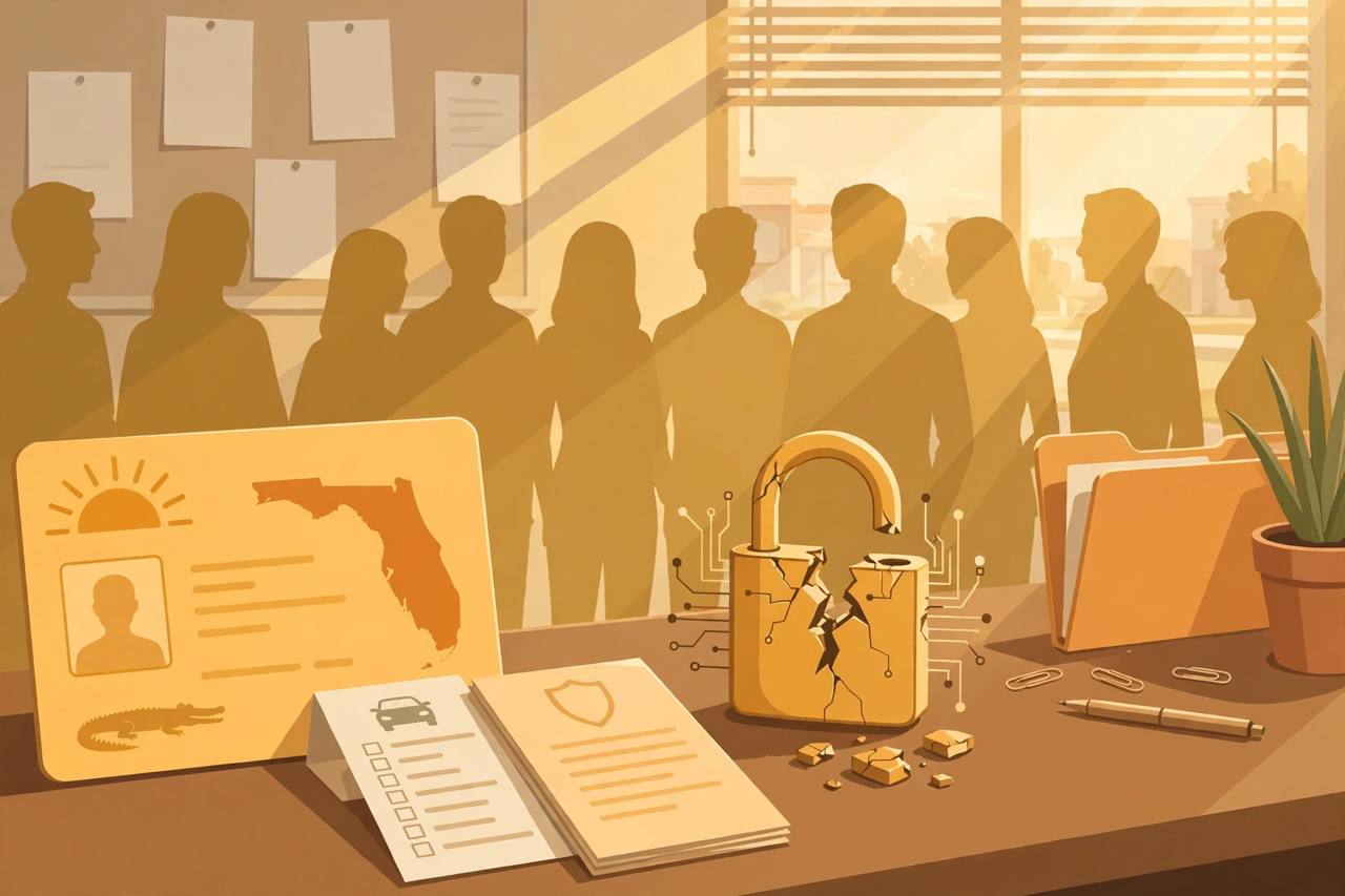Editorial illustration of a Florida driver license card, vehicle documents and a cracked digital padlock on an office desk, flat style, no real person