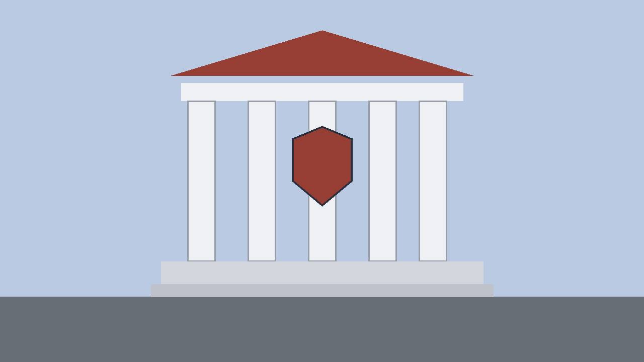 Editorial illustration of a generic courthouse facade with columns and a shield, flat style, no real person, place or incident depicted, no text