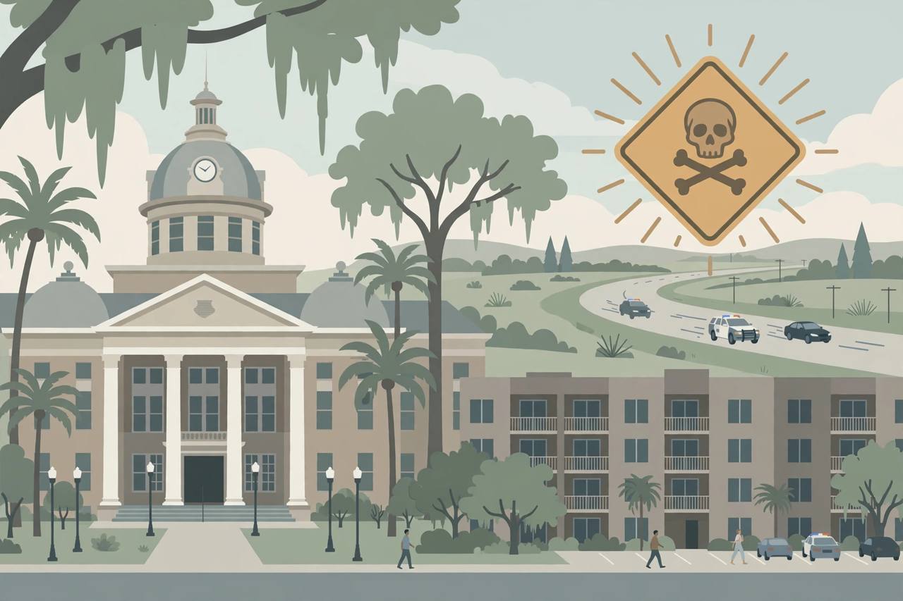 Editorial illustration of a Gainesville, Florida courthouse with a highway pursuit in the distance and a warning symbol for a potent synthetic opioid
