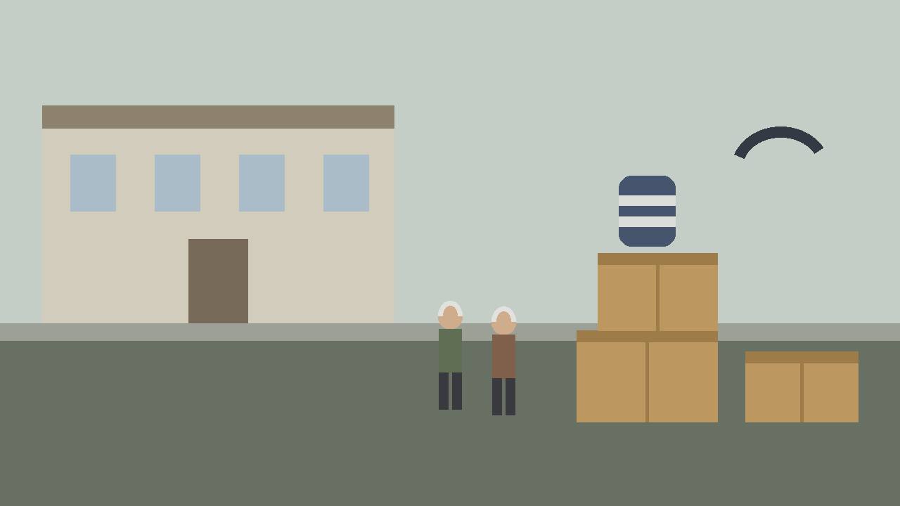 Editorial illustration of two generic elderly figures beside stacked delivery boxes and an orthotic brace outside a clinic building, flat style, no real person