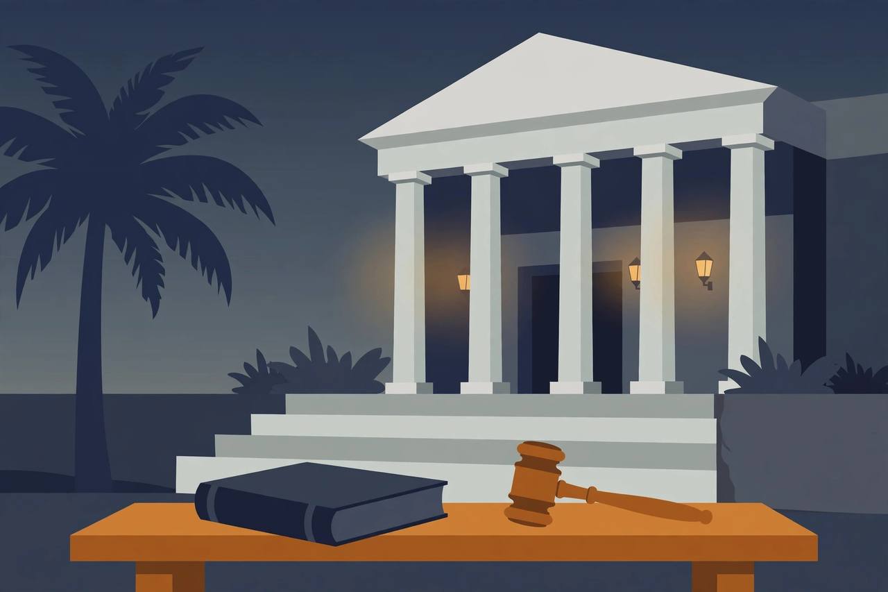 Editorial illustration of a Florida courthouse with white columns at dusk, a closed law book and a gavel on a bench in the foreground