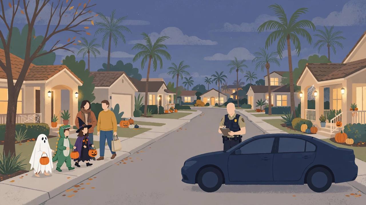 Editorial illustration of a Florida residential street on Halloween evening with families trick-or-treating, palm trees, porch lights and an officer with a clipboard beside a car