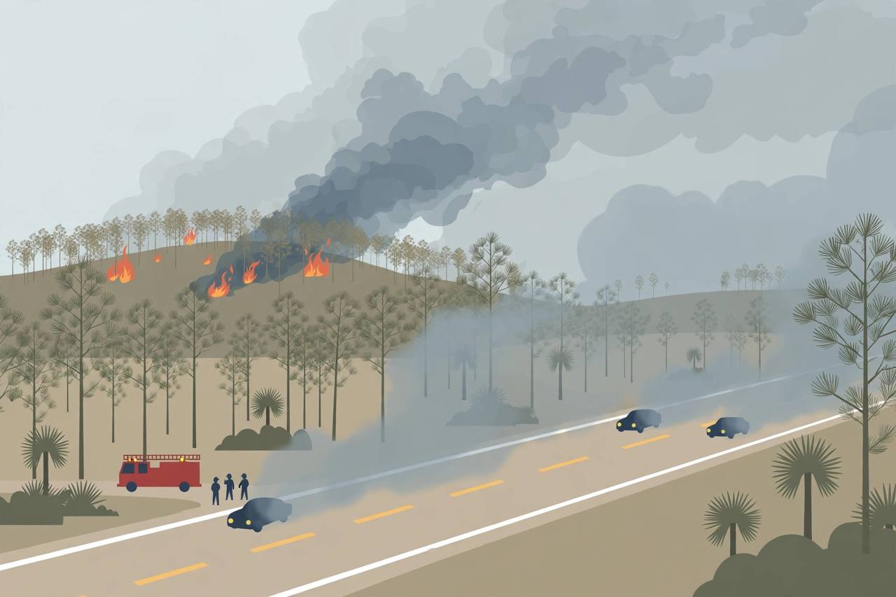 Flat editorial illustration of smoke from a distant Florida forest fire drifting over a highway, generic fire truck and cars with headlights on in haze, no text, no real person