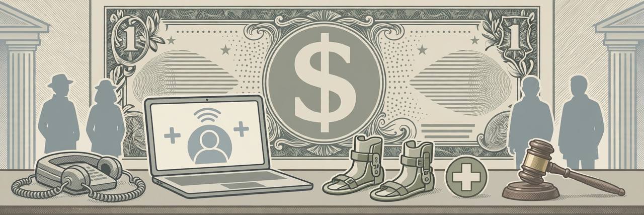 Editorial illustration of a telemedicine laptop, orthotic braces, a gavel and a dollar bill motif, flat style, no real person depicted