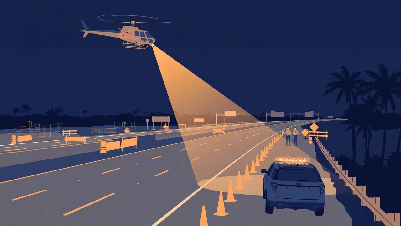 Editorial illustration of a Florida interstate at night with a sheriff patrol vehicle with flashing lights on the shoulder, traffic cones, a guardrail, a construction zone and a helicopter searchlight