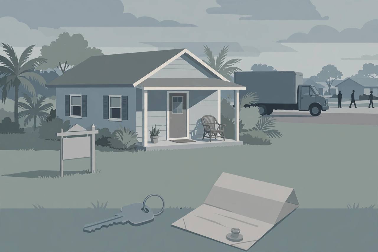 Editorial illustration of a modest Florida house with an empty armchair on the porch, a house key and deed document in the foreground and a moving van in the background
