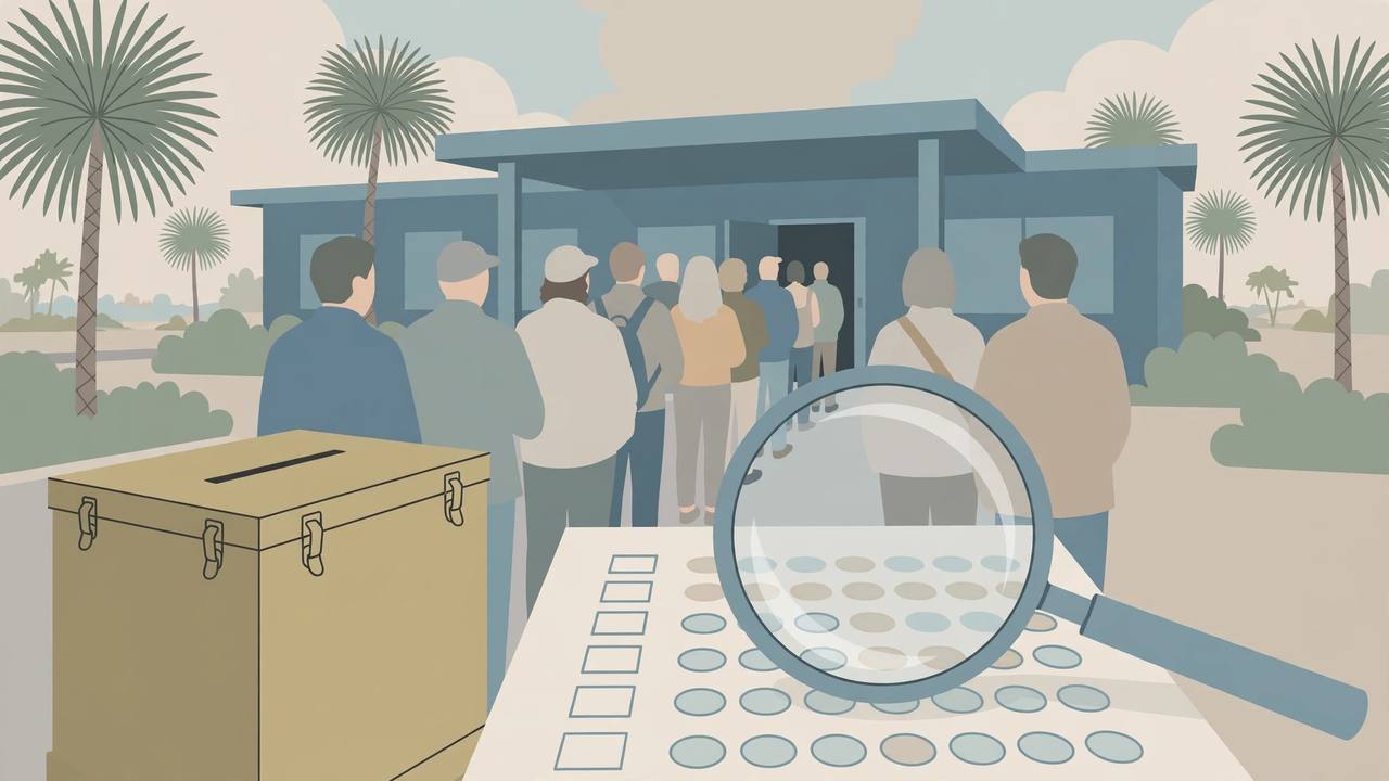 Editorial illustration of a Florida polling place with palm trees, a ballot box and generic voters seen from behind, flat style