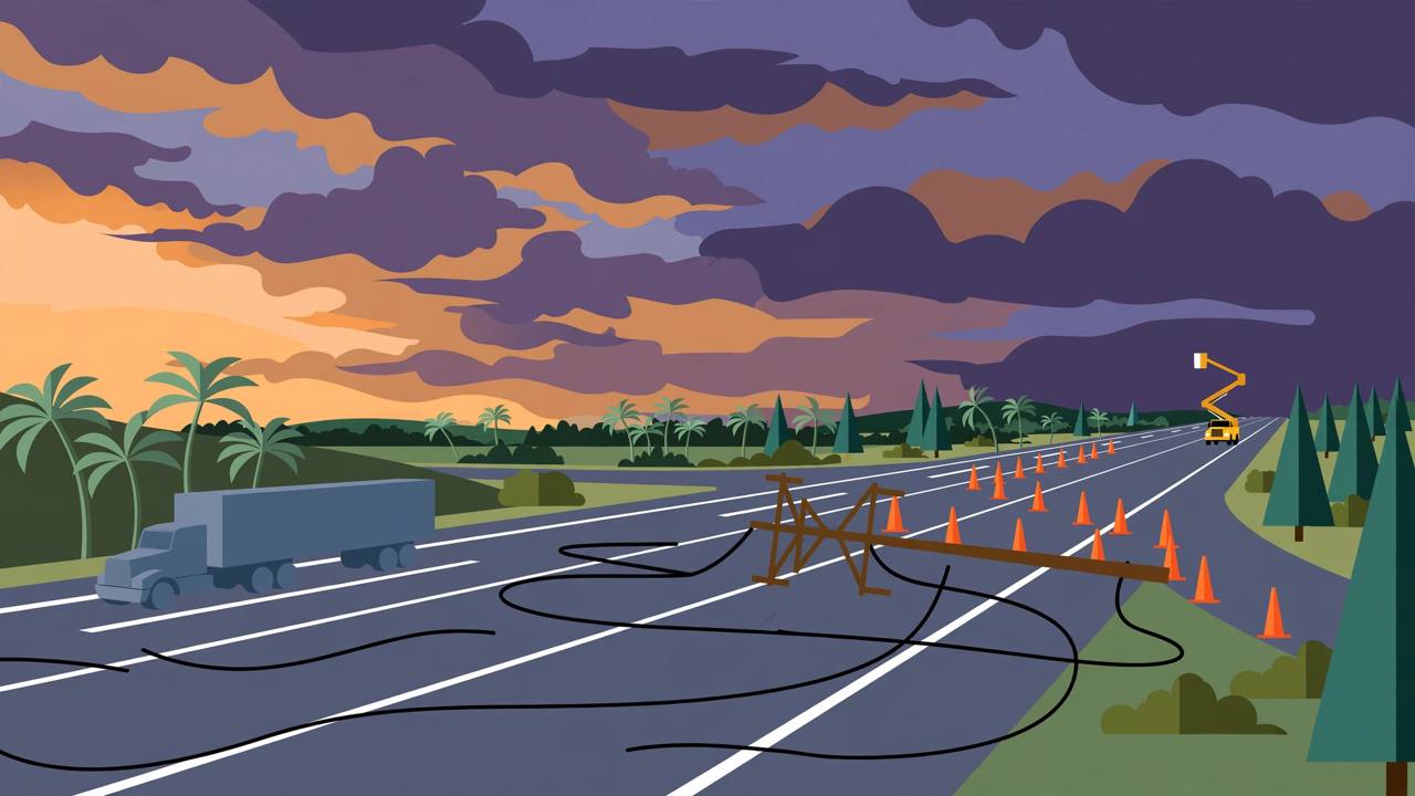 Editorial illustration of a fallen power pole and lines across a closed Florida interstate at dusk, with a semi truck stopped before traffic cones, flat style, no people, no text