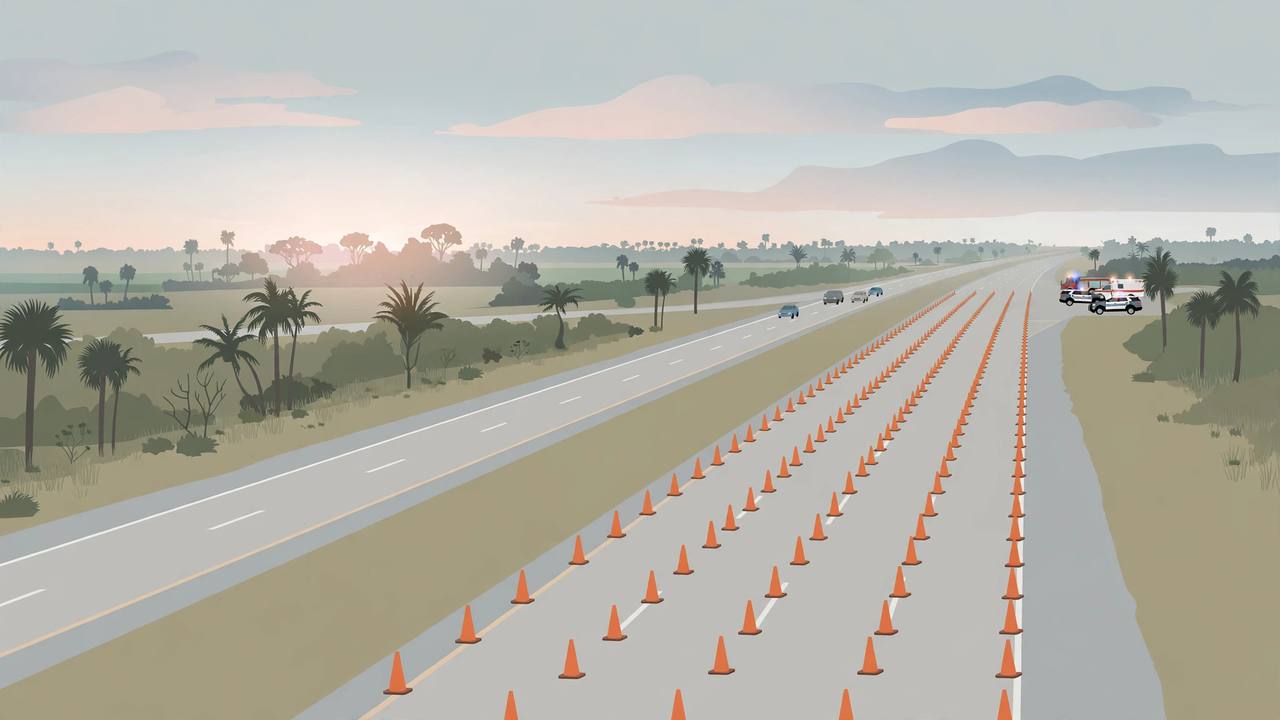 Editorial illustration of a Florida interstate at dawn with lanes closed by orange cones and generic emergency vehicles at a distance; no crash depicted