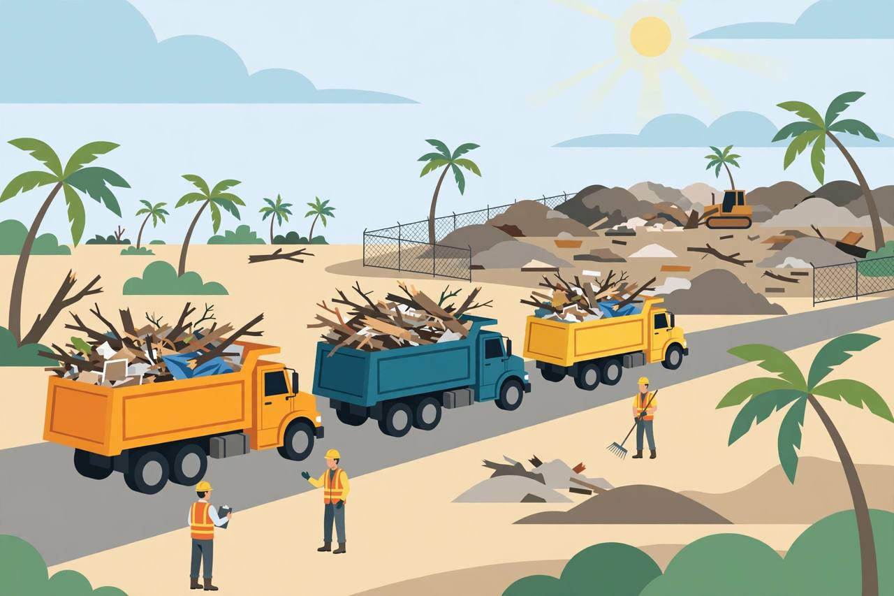 Editorial illustration of dump trucks hauling hurricane debris piles toward a landfill, flat style, no text, no real person depicted