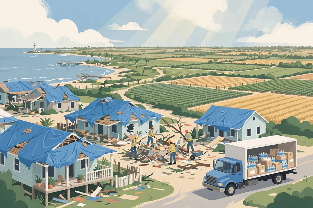 Editorial illustration of a Florida Panhandle coastal town recovering after a hurricane, with blue tarps on damaged roofs, recovery workers clearing debris, an aid truck and farm fields under a clearing sky