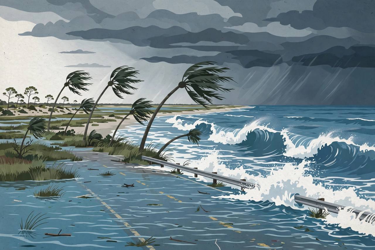 Editorial illustration of a Northeast Florida coastline at high tide with large breaking waves, a flooded low coastal road, palm trees bending in strong northeast wind and dark storm clouds, no people
