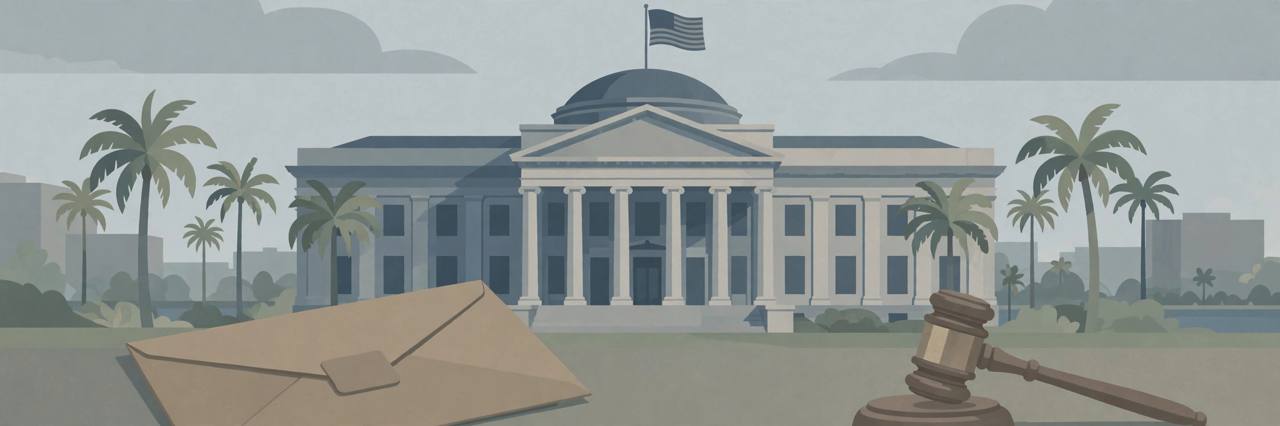 Editorial illustration of a generic federal courthouse in Jacksonville, Florida with palm trees, a benefits envelope and a gavel, flat style, no text, no real person depicted