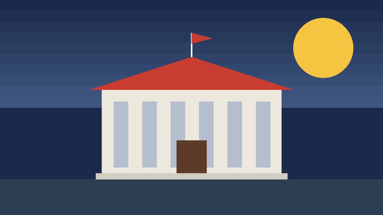Editorial illustration of a generic federal courthouse with columns and a flag, flat style, no real person depicted