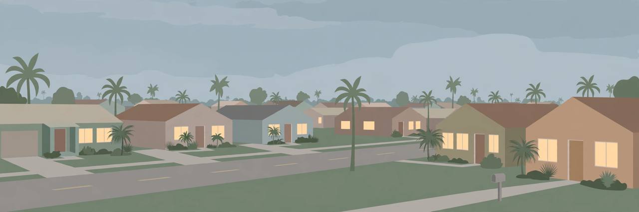 Editorial illustration of a quiet suburban residential street in Kissimmee, Florida in early evening with palm trees and a closed front door, no people depicted